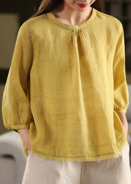 Top O Neck Linen Summer Patchwork Blouse Yellow Casual FashionChic