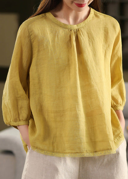 Top O Neck Linen Summer Patchwork Blouse Yellow Casual FashionChic