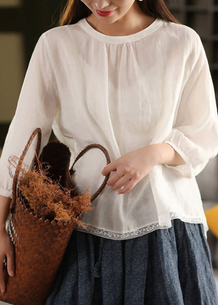 Top O Neck Linen Summer Patchwork Blouse Yellow Casual FashionChic