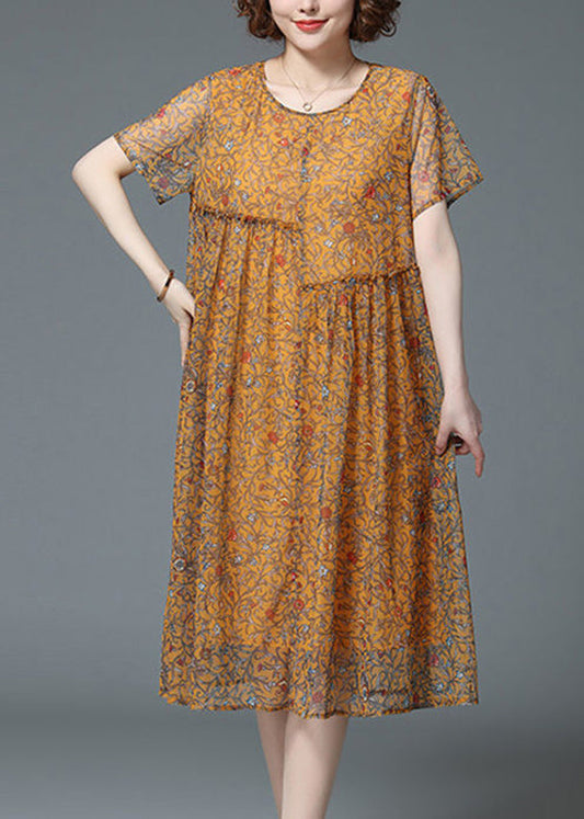 Casual Yellow O-Neck Print Patchwork Tulle Long Dresses Summer VB1020 Ada Fashion