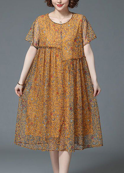 Casual Yellow O-Neck Print Patchwork Tulle Long Dresses Summer VB1020 Ada Fashion