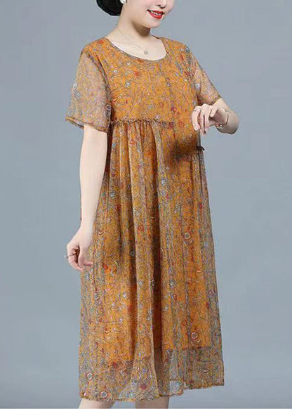 Casual Yellow O-Neck Print Patchwork Tulle Long Dresses Summer VB1020 Ada Fashion