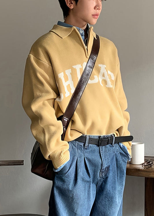 Casual Yellow Peter Pan Collar Letter Knit Men Sweaters Spring TK009