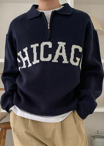 Casual Yellow Peter Pan Collar Letter Knit Men Sweaters Spring TK009