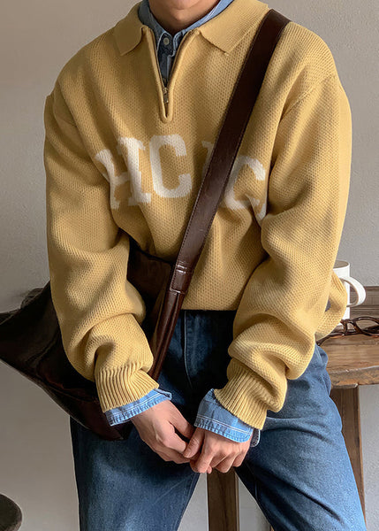 Casual Yellow Peter Pan Collar Letter Knit Men Sweaters Spring TK009