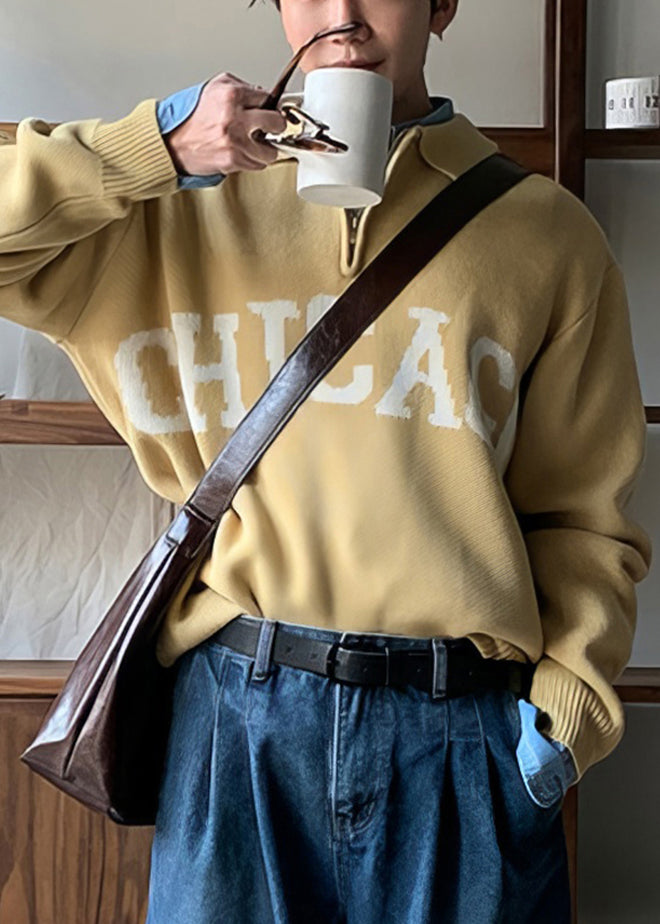 Casual Yellow Peter Pan Collar Letter Knit Men Sweaters Spring TK009