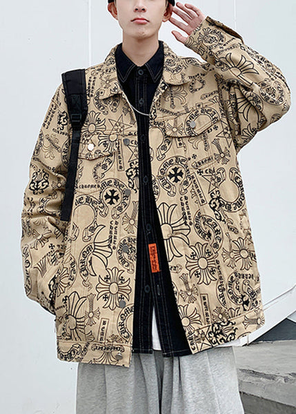 Casual Yellow Peter Pan Collar Print Cotton Mens Coats Fall WA019 MENC241110