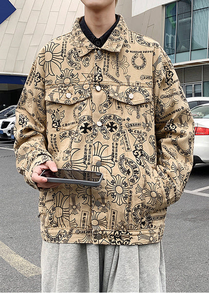 Casual Yellow Peter Pan Collar Print Cotton Mens Coats Fall WA019 MENC241110