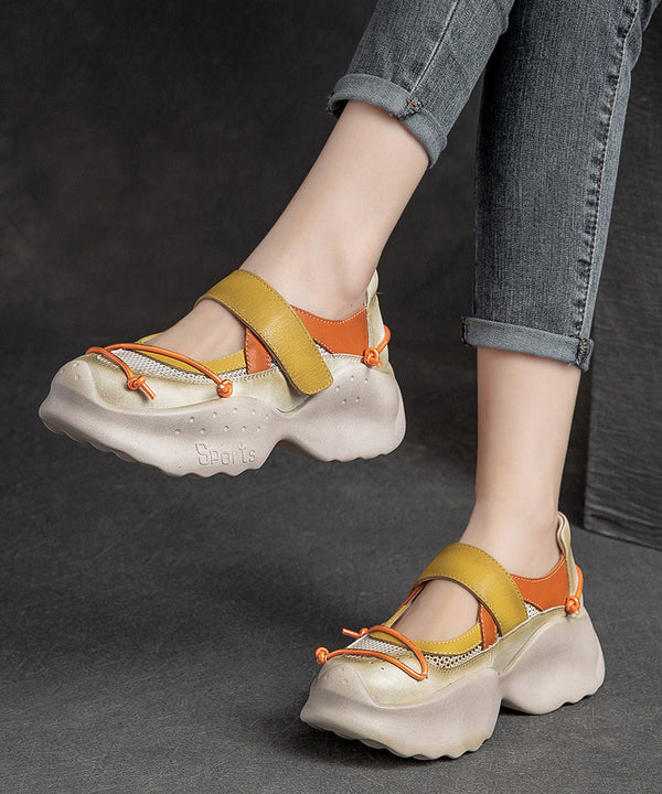 Casual Yellow Platform Cowhide Leather Buckle Strap High Wedge Heels Shoes SL1004 Ada Fashion