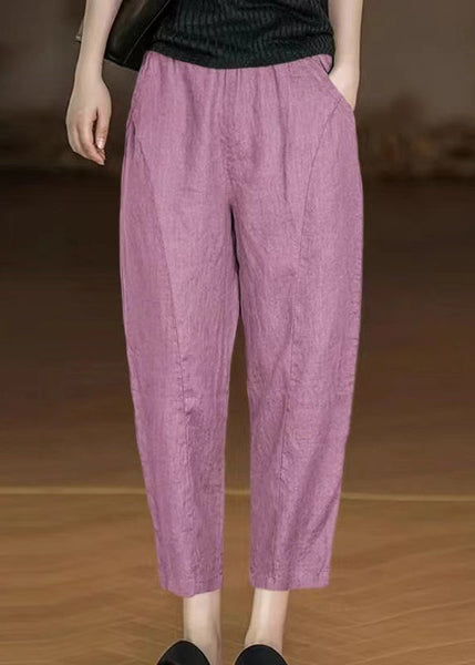 Casual Yellow Pockets Elastic Waist Cotton Crop Pants Summer AU1045 MZF-240903