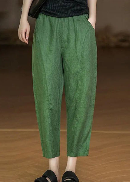 Casual Yellow Pockets Elastic Waist Cotton Crop Pants Summer AU1045 MZF-240903