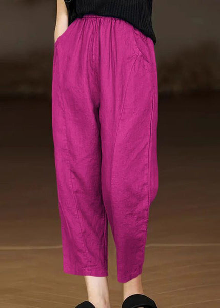 Casual Yellow Pockets Elastic Waist Cotton Crop Pants Summer AU1045 MZF-240903