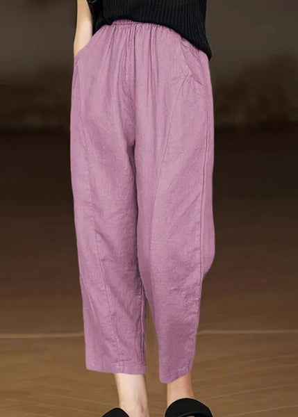 Casual Yellow Pockets Elastic Waist Cotton Crop Pants Summer AU1045 MZF-240903