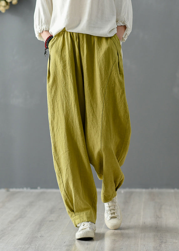 Casual Yellow Pockets Elastic Waist Linen Pants Spring TZ046