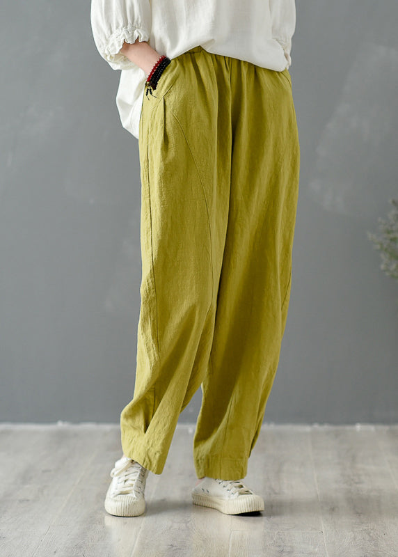 Casual Yellow Pockets Elastic Waist Linen Pants Spring TZ046