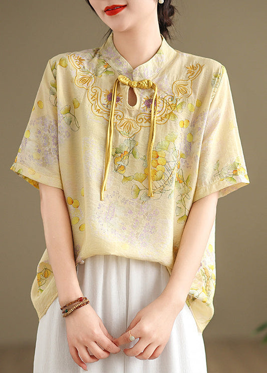 Casual Yellow Tasseled Print Linen Blouses Summer TM042 ABC