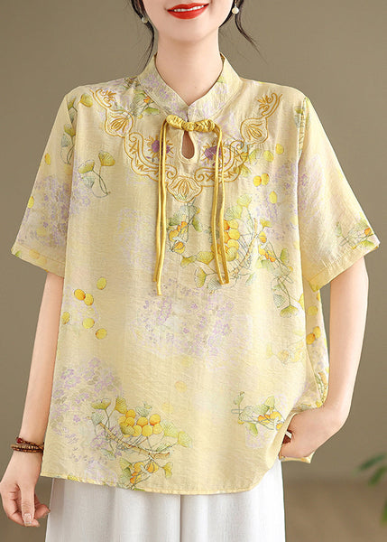 Casual Yellow Tasseled Print Linen Blouses Summer TM042 ABC