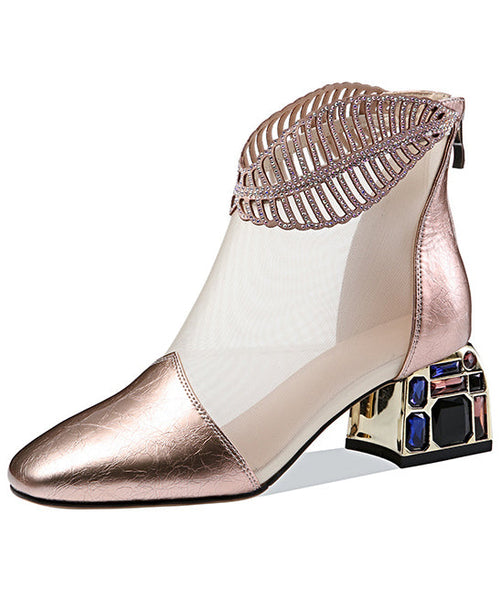 Champagne Splicing Cowhide Leather Zircon Ankle Boots RT1038 Ada Fashion