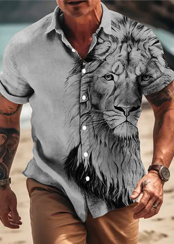 Men Button Cotton Apricot Summer Chic Animal Print Shirts FashionChic