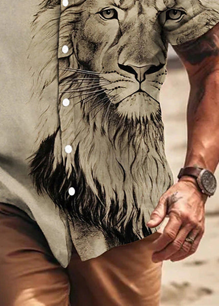 Men Button Cotton Apricot Summer Chic Animal Print Shirts FashionChic