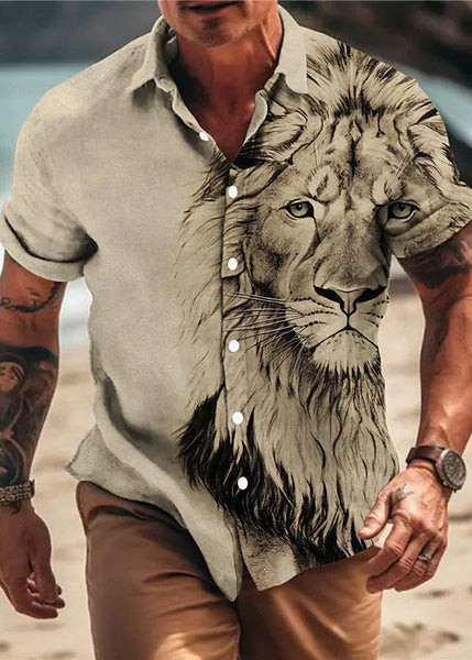 Men Button Cotton Apricot Summer Chic Animal Print Shirts FashionChic
