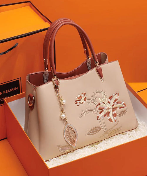Calf Leather Chic Apricot Tote Bag Embroidery FashionChic