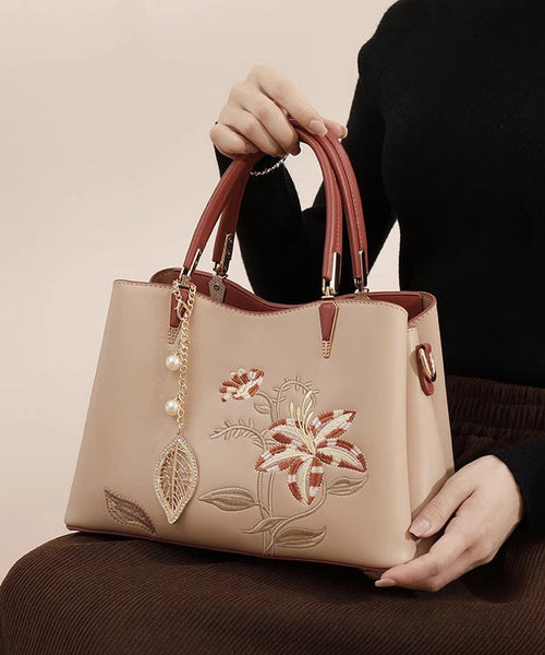 Calf Leather Chic Apricot Tote Bag Embroidery FashionChic