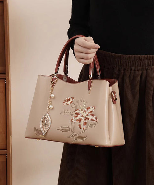 Calf Leather Chic Apricot Tote Bag Embroidery FashionChic