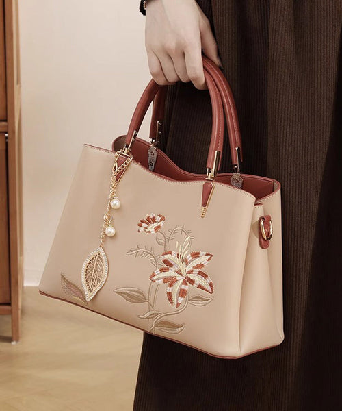 Calf Leather Chic Apricot Tote Bag Embroidery FashionChic