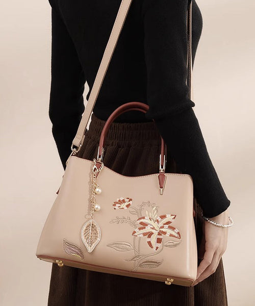 Calf Leather Chic Apricot Tote Bag Embroidery FashionChic
