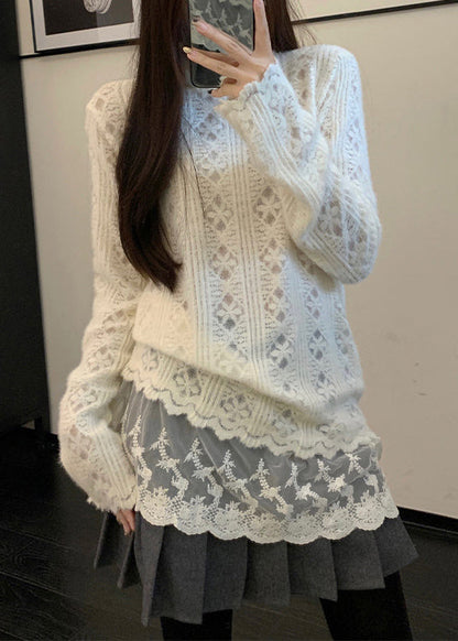 Chic Apricot Hign Neck Lace Patchwork Knit Sweater Winter RF007 ABC
