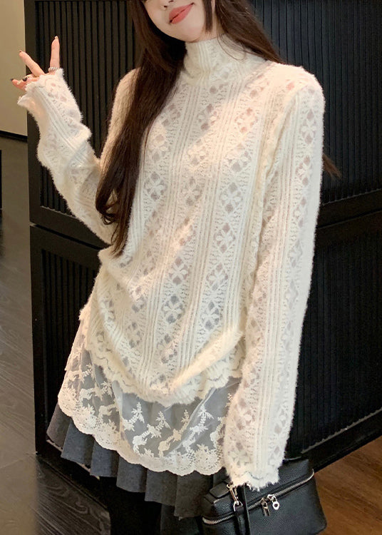 Chic Apricot Hign Neck Lace Patchwork Knit Sweater Winter RF007 ABC