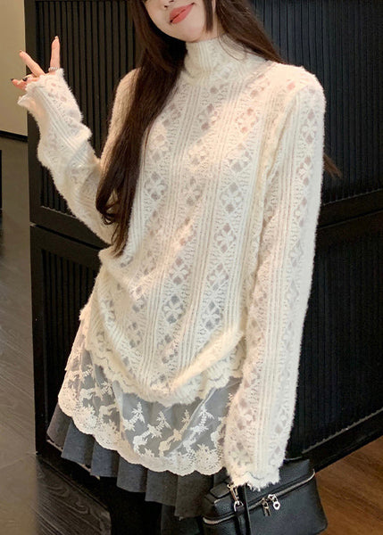 Chic Apricot Hign Neck Lace Patchwork Knit Sweater Winter RF007 ABC