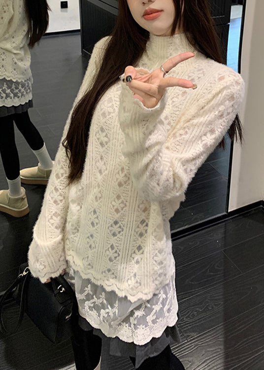Chic Apricot Hign Neck Lace Patchwork Knit Sweater Winter RF007 ABC