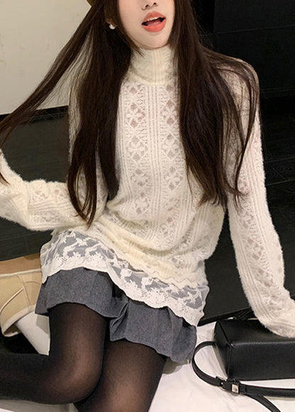 Chic Apricot Hign Neck Lace Patchwork Knit Sweater Winter RF007 ABC