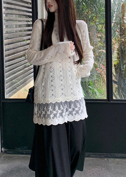 Chic Apricot Hign Neck Lace Patchwork Knit Sweater Winter RF007 ABC