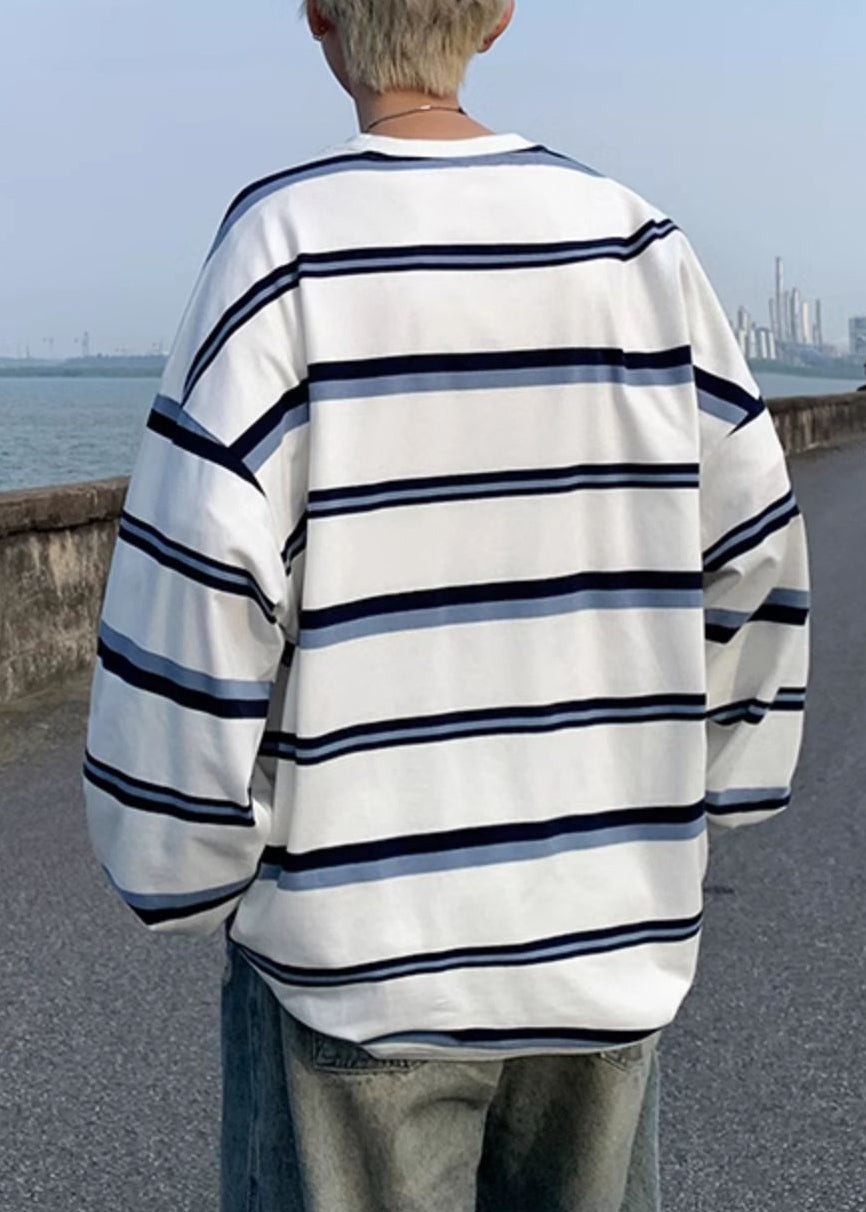 Chic Apricot O Neck Striped Cotton T Shirt Men Casual Clothing Fall WJ019 MENT241119