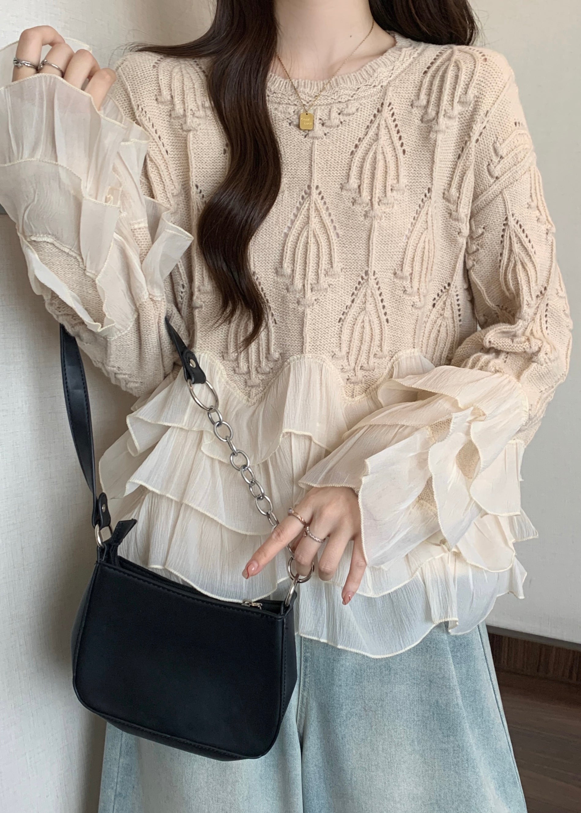 Chic Apricot Ruffled Patchwork Knit Sweater Tops Fall WN032 ABC