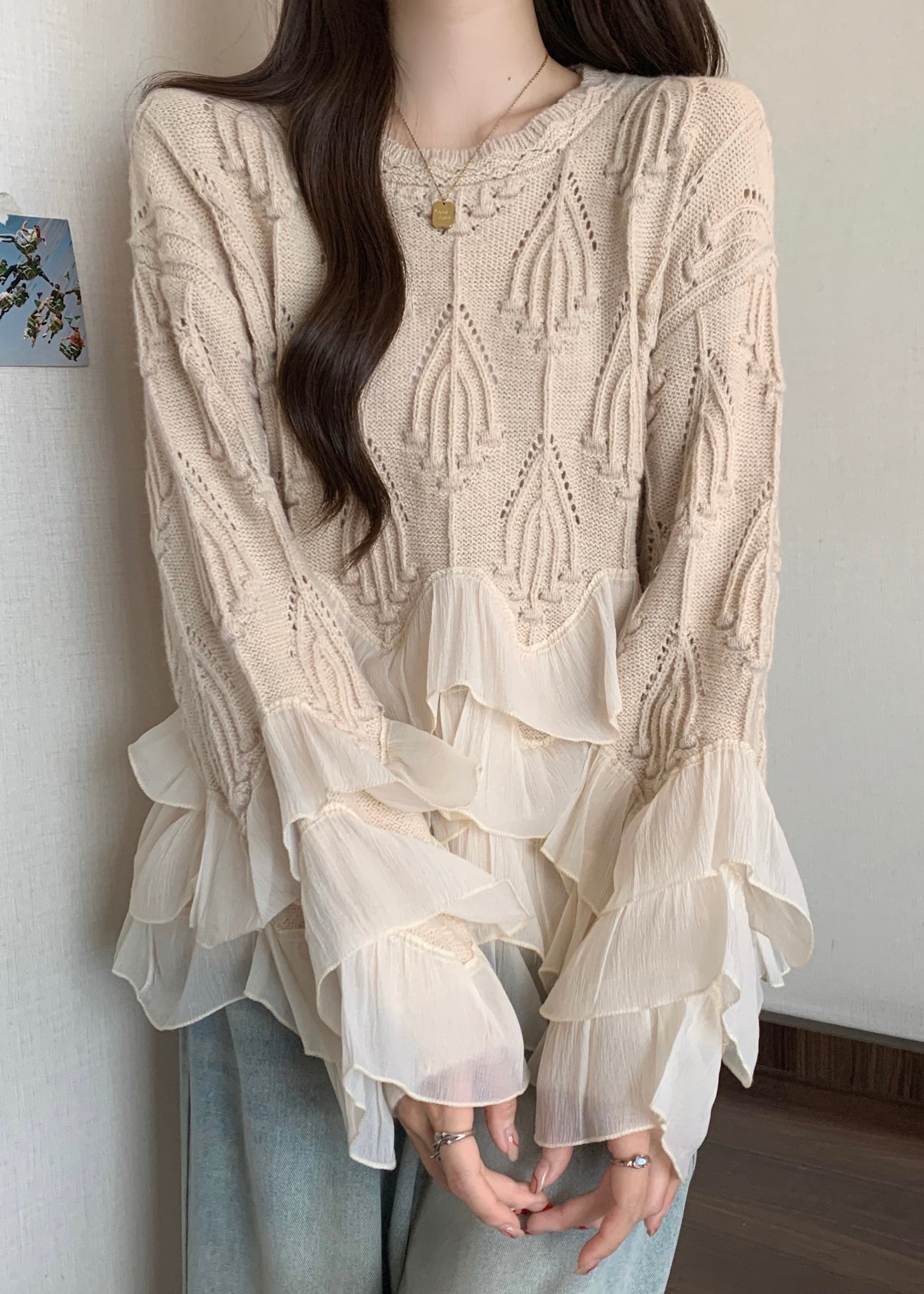 Chic Apricot Ruffled Patchwork Knit Sweater Tops Fall WN032 ABC