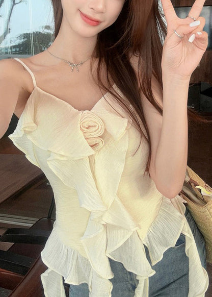 Chic Apricot Solid Ruffled Cotton Spaghetti Strap Tank Sleeveless EE1052 SH-LF-VTP240517