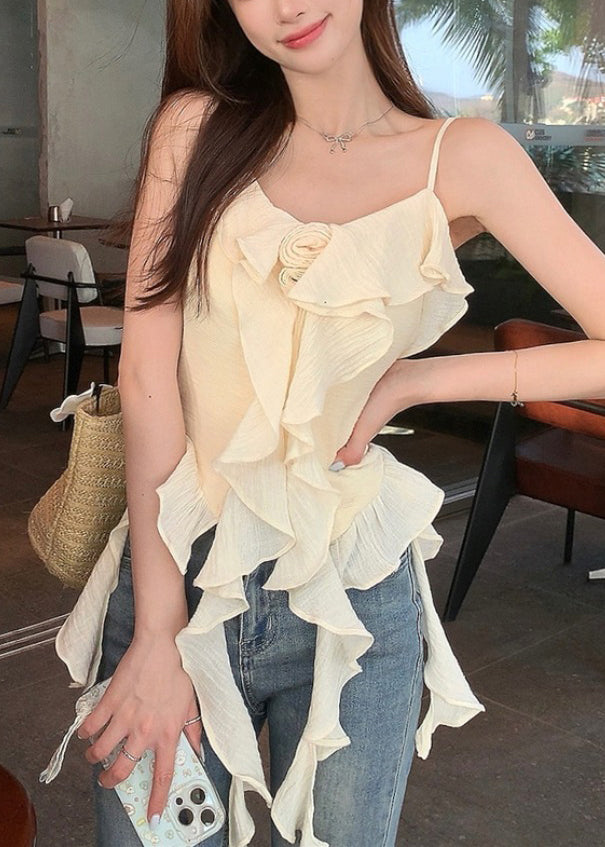 Chic Apricot Solid Ruffled Cotton Spaghetti Strap Tank Sleeveless EE1052 SH-LF-VTP240517