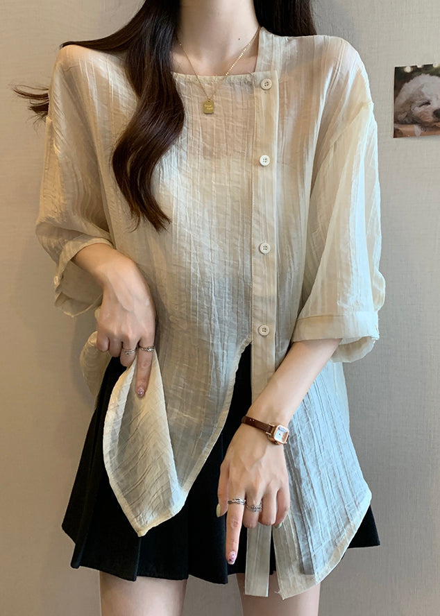 Sleeve Collar Apricot Chiffon Square Bracelet Chic Button Shirt FashionChic