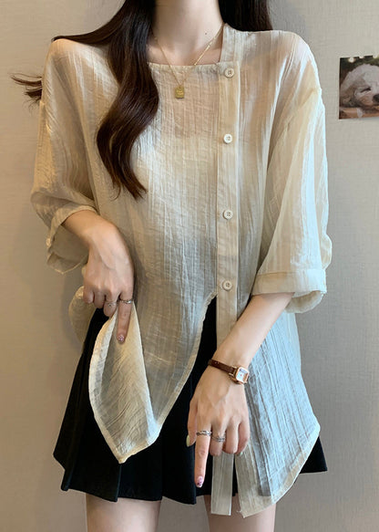 Sleeve Collar Apricot Chiffon Square Bracelet Chic Button Shirt FashionChic