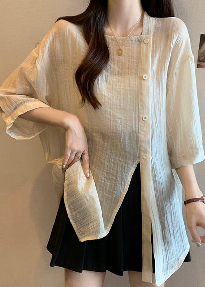 Sleeve Collar Apricot Chiffon Square Bracelet Chic Button Shirt FashionChic