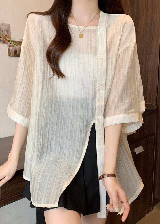 Sleeve Collar Apricot Chiffon Square Bracelet Chic Button Shirt FashionChic