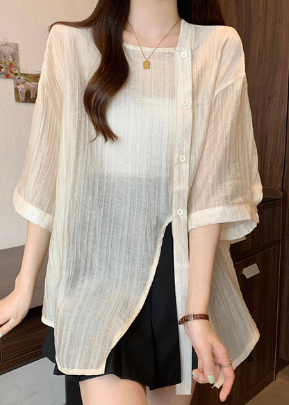 Sleeve Collar Apricot Chiffon Square Bracelet Chic Button Shirt FashionChic