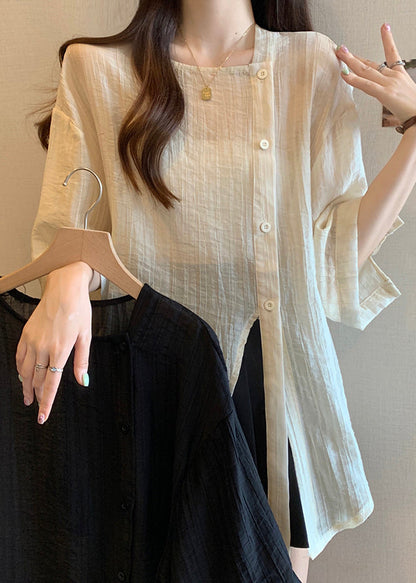 Sleeve Collar Apricot Chiffon Square Bracelet Chic Button Shirt FashionChic