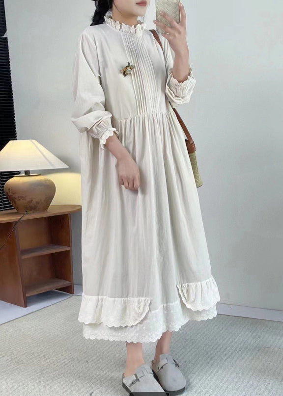 Chic Apricot Stand Collar Ruffled Patchwork Wrinkled Long Dress Long Sleeve BV050 MZF-FDL240702