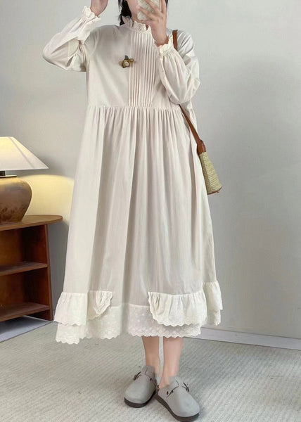 Chic Apricot Stand Collar Ruffled Patchwork Wrinkled Long Dress Long Sleeve BV050 MZF-FDL240702