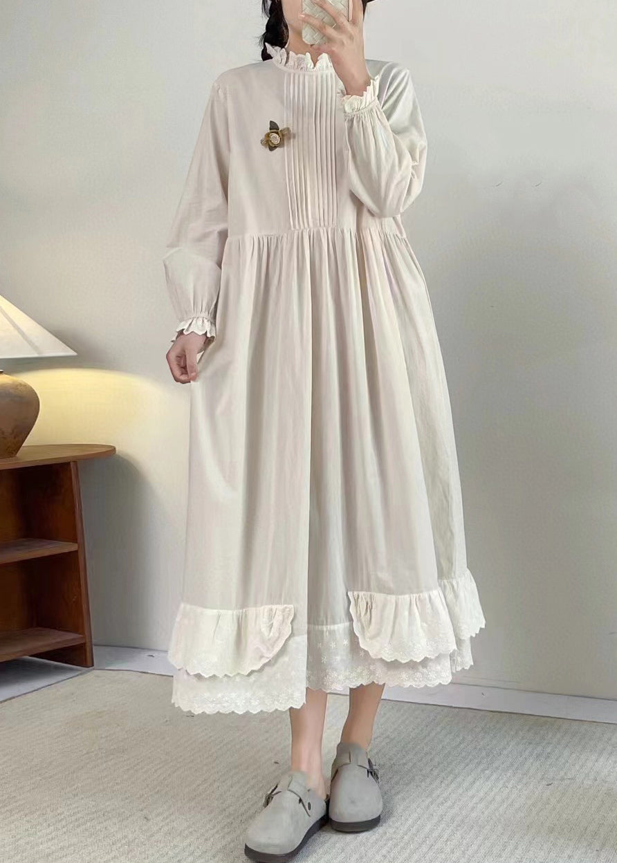Chic Apricot Stand Collar Ruffled Patchwork Wrinkled Long Dress Long Sleeve BV050 MZF-FDL240702
